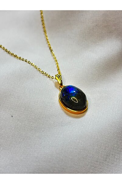 kuartz Labradorit Taşı Kolye. Sertifikalı Üst Kalite Altın Kaplama