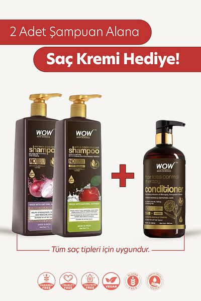 WOW Skin Science Red Black Apple Vinegar and Seed Oil Shampoo - 1000X2.5 ml Gift Conditioner Set of 3