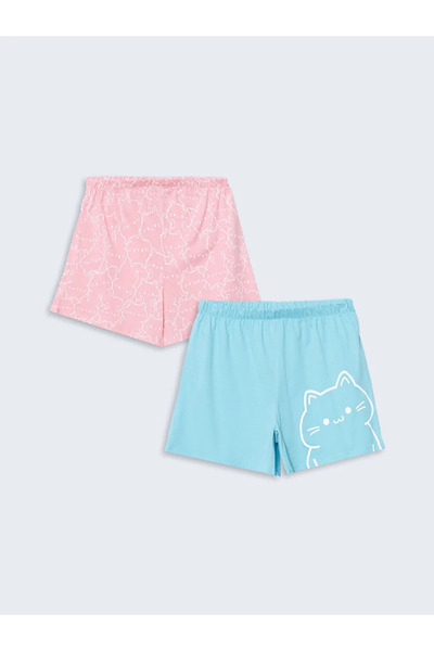 LC Waikiki LCW Young Women - Pantaloni scurți cu talie elastică cu imprimeu albastru Set de 2 piese