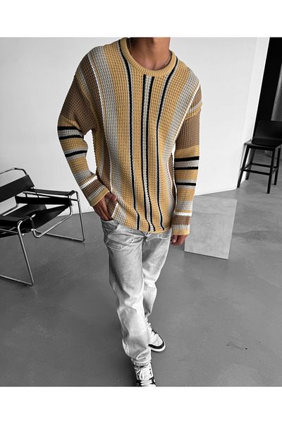 elkumoda Bumbac natural - Pulover de tricotaj largi, cu model de tricotat colorat