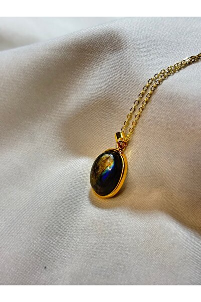 kuartz Labradorit Taşı Kolye. Sertifikalı Üst Kalite Altın Kaplama