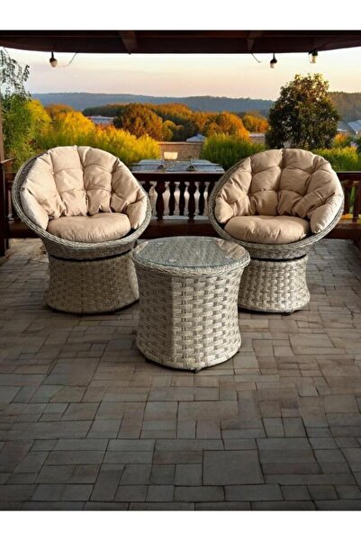 nar sokağı Lion Örme Rattan 2’li Döner Çay Seti Bahçe ve Balkon Takımı