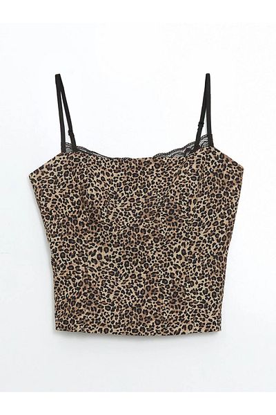 LC Waikiki Lcw Vision Brown Square Neck Leopard Print Crop Women's Blouse
