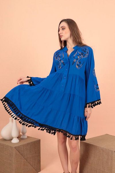 AYASOFYA OTANTIK Rochie de damă Saks Blue Broderie cu pompon detaliat