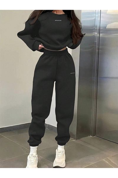 PALPİTO Γυναικείο Σετ Jogger Oversize Crew Neck με στάμπα μαύρου γραφίτη