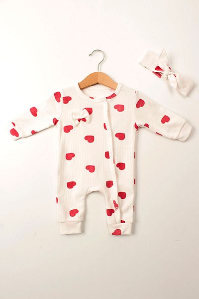 Ma Miss Armina Baby Girls Romper Set - Heart Pattern, Cotton, Button and Bow Detail + Headband