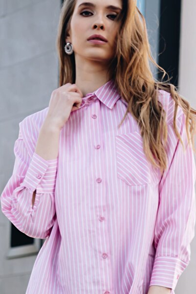 Pek Moda Kadın Pembe Beyaz Çizgili Uzun Kollu Tek Cepli Gömlek