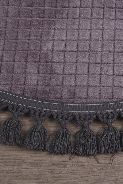 Teksev Square Plus Anthracite Color Oval Pompom Fringed Runner Non-Slip Based Machine Washable Soft Carpet