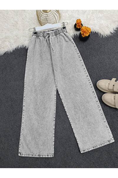 HİJABAYA بنطال جينز واسع الساق بخصر مطاطي وتفاصيل دانتيل