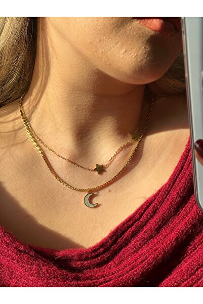 SHINELUC الصلب سلسلة مزدوجة القمر ستار قلادة