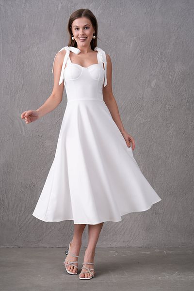 4S1B FASHION Λευκό Μίντι Φόρεμα - Λεπτομέρεια με λουράκι με κορδόνια από ύφασμα Atlas