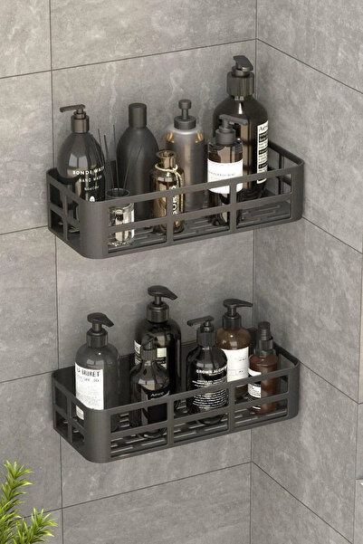 Hesaplı Kasa 2'li Set Banyo Duş Rafı Şampuanlık, Sabunluk Siyah Yapışkanlı Du...