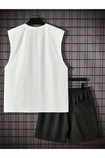 Boi Men's Zero Sleeve Combination Bottom Top Set - Black and White Sleeveless Oversize Printed Set