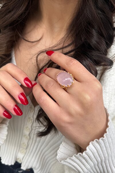 Utku Kuyumculuk 14 AYAR PİNK KUVARS DOĞAL TAŞLI ELİŞİ ALTIN YÜZÜK