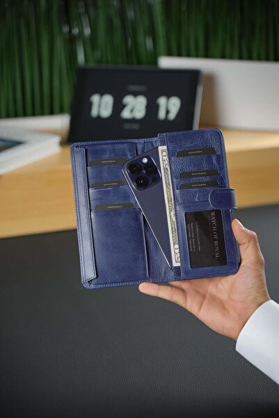 WATCHOFROYAL Hakiki Deri Cüzdan Ve Portföy Çanta Mavi 13 Kart Bölmeli Cüzdan Ve Kartlık Belt