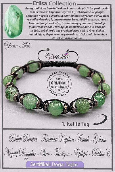Erilsa Certified Aaa+ Quality Real Terahertz - Moss Green Agate Stone Bracelet - Adjusted