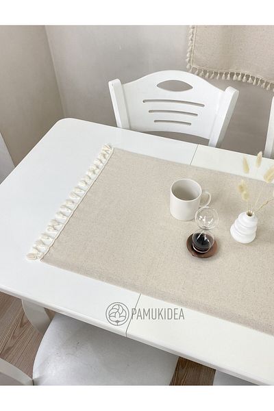pamukidea 45x145 cm Λινά Κρέμα Φουντωτό Runner - 100% βαμβάκι, πλυμένο μπουλντάν, τραπεζομάντιλο Pompom