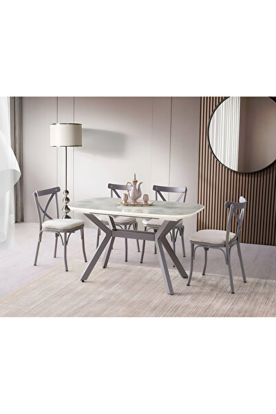 Viento Mobilya Valentin Rambla HG Açılır 130X80 Masa Bahar 6 Kişilik Krem Babyface Kumaş Sandalye Masa Takımı