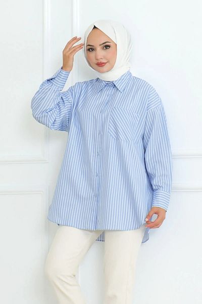 Pek Moda Baby Blue White ριγέ πουκάμισο Hijab - Μακρυμάνικο, Μονή Τσέπη