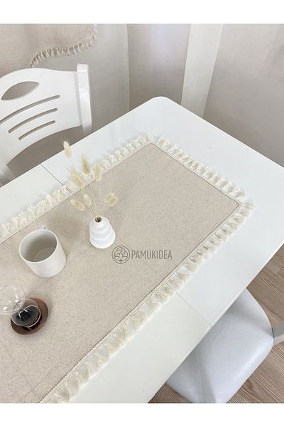 pamukidea 40x100 cm Λινά Κρέμα Φούντα Runner - 100% Βαμβάκι, Πλυμένο Buldan, Τραπεζομάντιλο σαλονιού Pompom