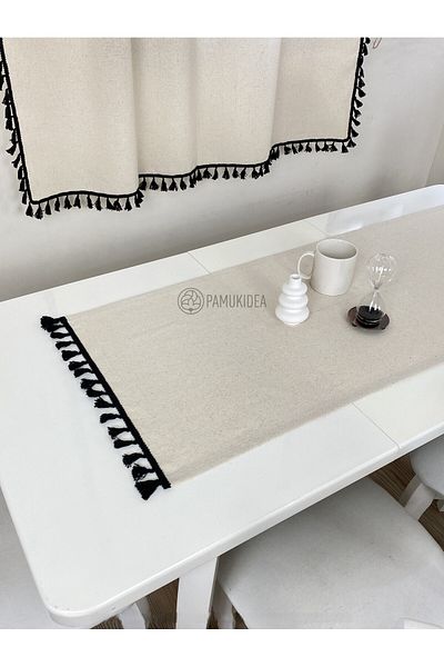 pamukidea 45x145 cm Μαύρο λινό Runner - Washed Buldan, Pompom 100% Cotton, Τραπεζομάντηλο Τραπεζάκι σαλονιού