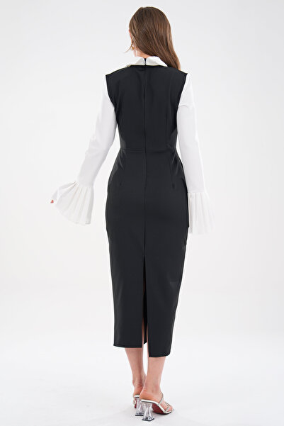 vuvutasarım Black Midi Pencil Evening Dress - Shirt Neck, Wide Pleated Fabric, 278