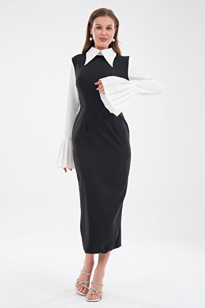 vuvutasarım Black Midi Pencil Evening Dress - Shirt Neck, Wide Pleated Fabric, 278