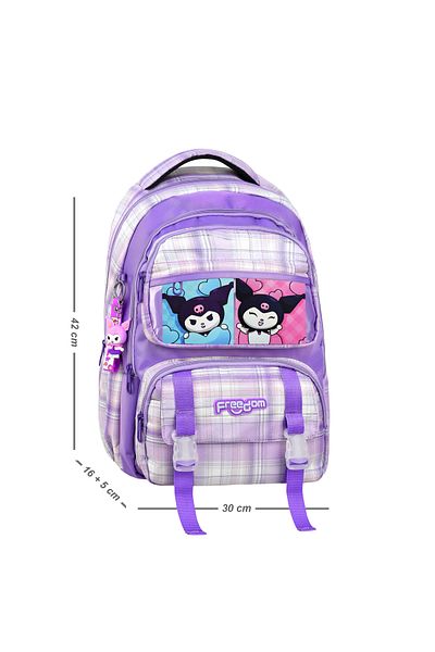 çantamgelsin Kuromi Patterned Luxury and Multi-Pocket Waterproof School Backpack + Kuromi Keychain