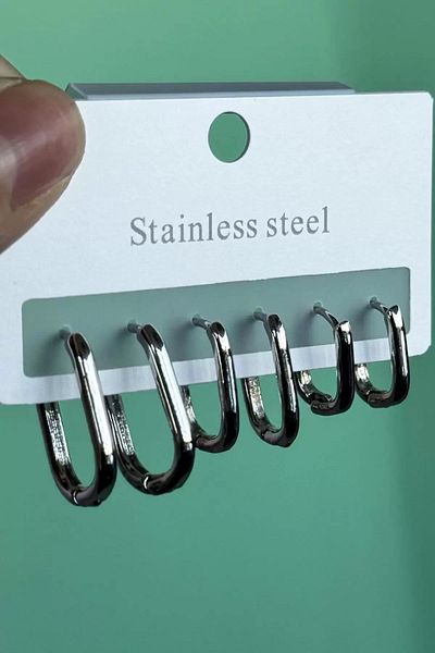 Vitastyle Silver Color 6-Piece Ellipse Steel Earring Set