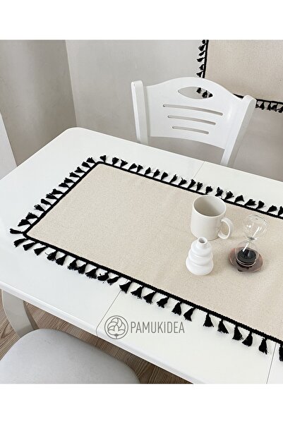 pamukidea 40x100 cm | Yıkanmış Buldan Keten Siyah Püsküllü - Ponponlu %100 Pa...