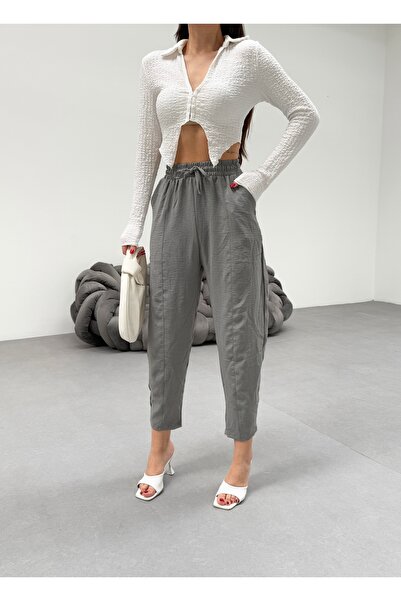 veres Women's Gray Ayrobin Fabric High Waist Loose Fitting Summer Baggy Pants