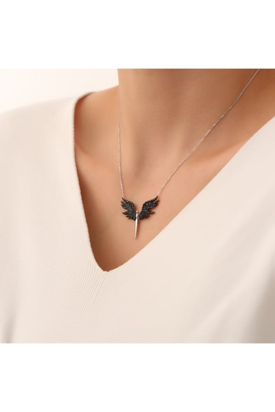 Mareluxe Mikail Meleği Figürlü Siyah Zirkon Taşlı Melek Kanadı 925 Ayar Gümüş...