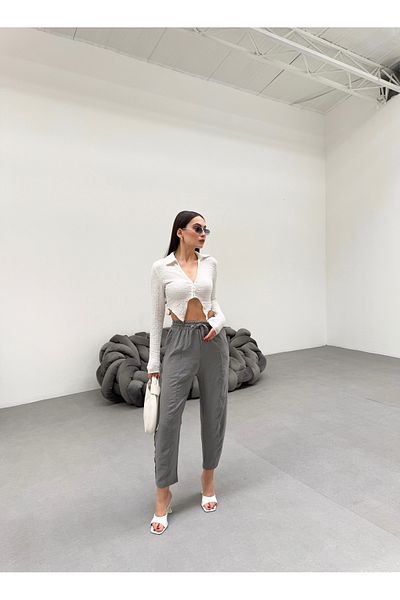 veres Women's Gray Ayrobin Fabric High Waist Loose Fitting Summer Baggy Pants