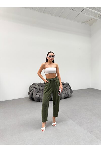 veres Kadın Haki Ayrobin Kumaş Yüksek Bel Bol Kesim Yazlık Şalvar Pantolon