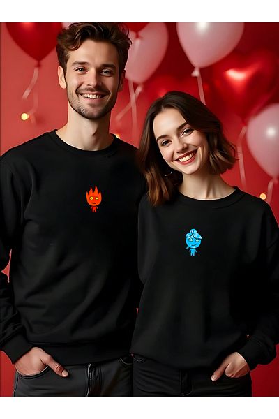 BEETON Fire-Water Lover Couple Combination - Black Oversize Sweatshirt, Crew Neck