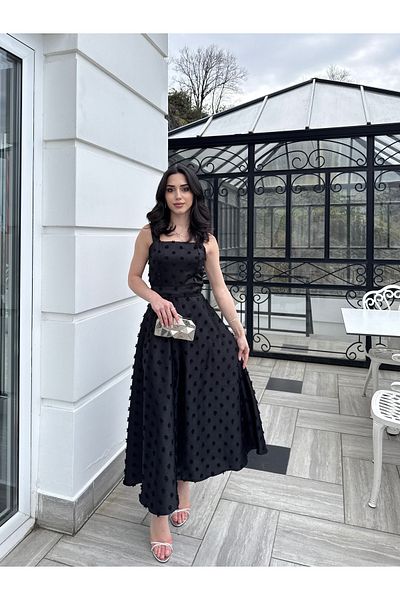 BEYZATURAN Black Eliza Long Flared Skirt Dress with Thick Straps