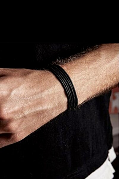 LA TINY AKSESUAR Erkek 3'lü Siyah Ayarlanabilir Suni Deri İp Bileklik