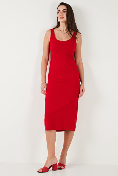 Lela Slim Fit Kalın Askılı Midi Elbise ELBİSE 5866154