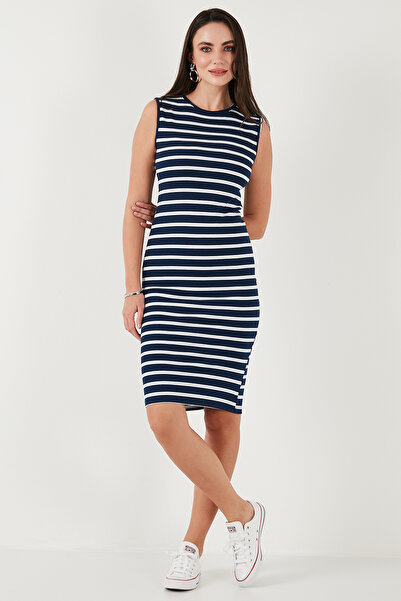 Lela Pamuklu Slim Fit Bisiklet Yaka Çizgili Elbise ELBİSE 5866168