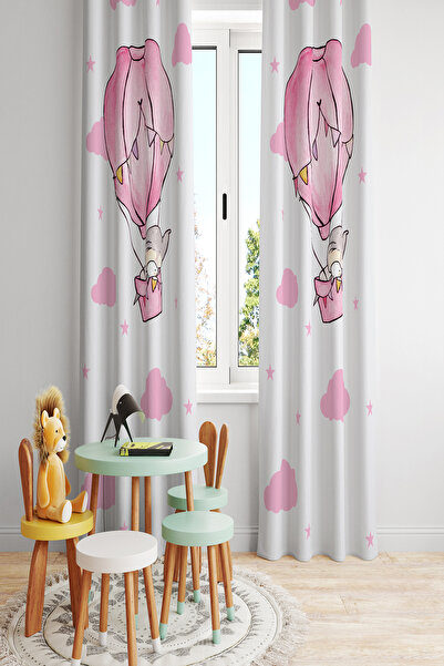 BelezaHome Pink Flying Balloon and Elephant Decorative Children's Room Background Curtain