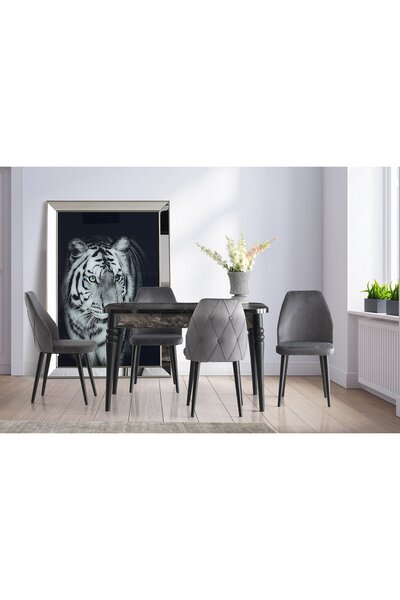 Viento Mobilya Lavinya Kaşıklıklı Siyah Mermer Açılır 130X80 Masa Hira 6 Kişi...