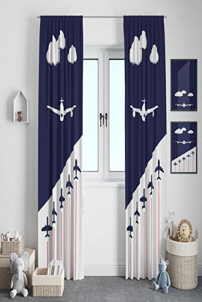 BelezaHome Blue White Airplane Decorative Children's Room Background Curtain