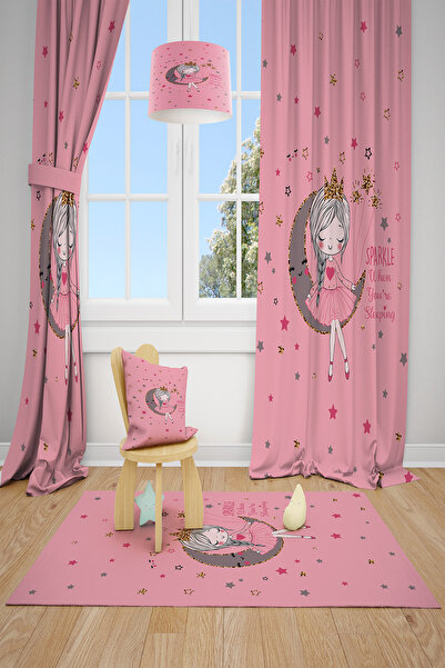 BelezaHome Pink Girl on the Moon Decorative Children's Room Background Curtain