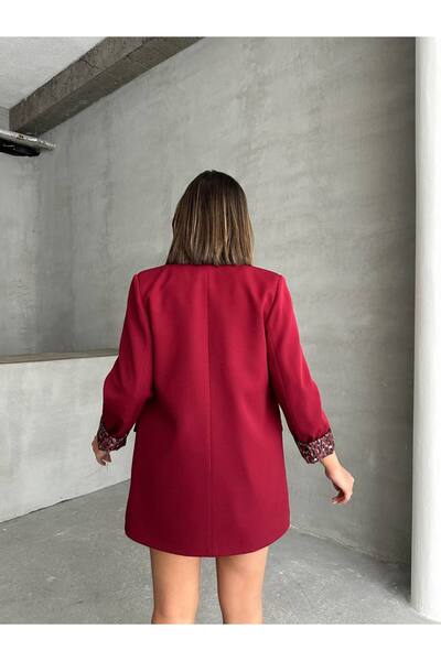 olalapasha Yeni Sezon Kadın Blazer Ceket İçi Leopar Astar Detaylı Düğmesiz Uzun