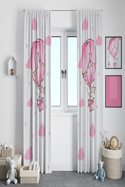 BelezaHome Pink Flying Balloon and Elephant Decorative Children's Room Background Curtain