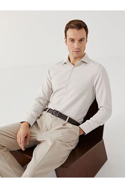 LC Waikiki Ανδρικό πουκάμισο LCWAIKIKI Formal Beige Slim Fit μακρυμάνικο Dobby