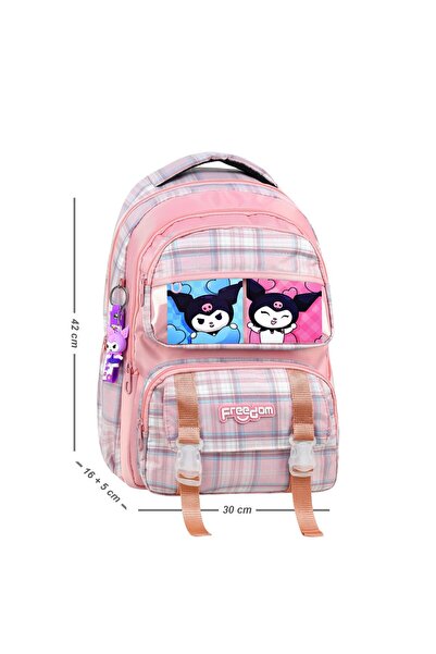 çantamgelsin Rucsac de școală de lux cu model Kuromi și buzunare multiple impermeabile + breloc Kuromi