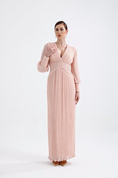 Atelier Pret 𝐒𝐀𝐌𝐈𝐑𝐀 Pliseli V Yaka Taş Işlemeli Şifon Abiye Elbise