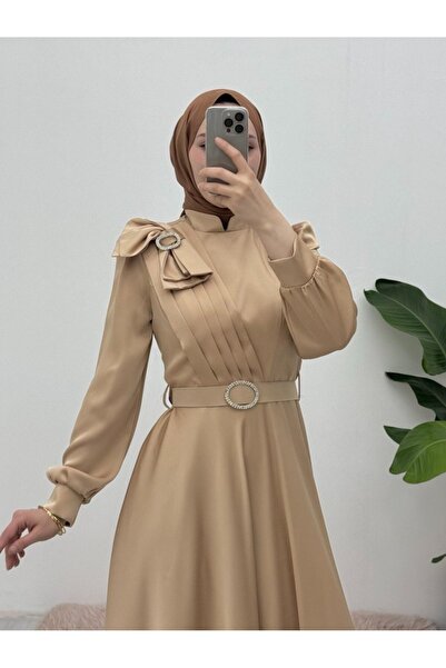 HİJABAYA Satin Evening Dress - Bow and Jewelled Belt with Brooch Detail