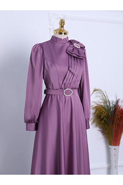 HİJABAYA Satin Evening Dress with Brooch, Bow and Stone Belt